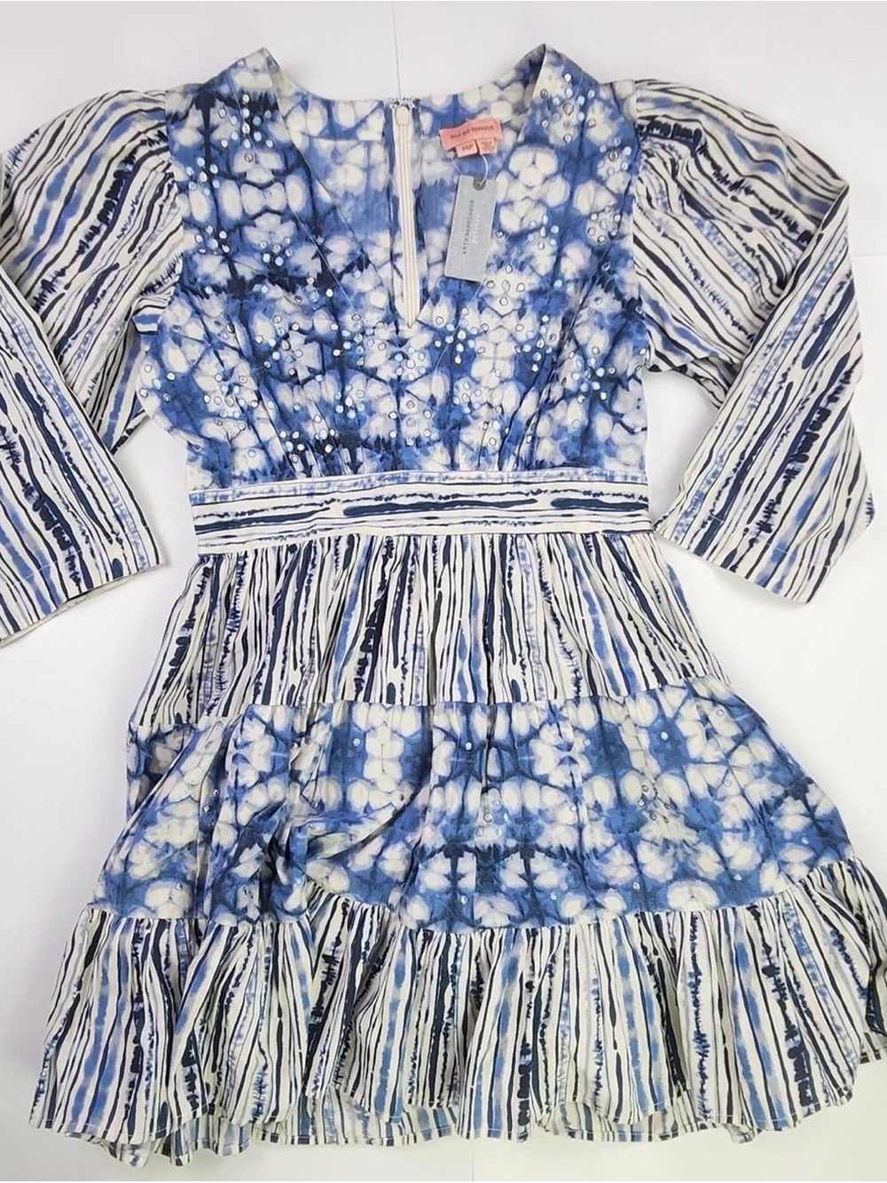 Anthropologie Blue & White Tiered Tie-Dye Stripe Dress
